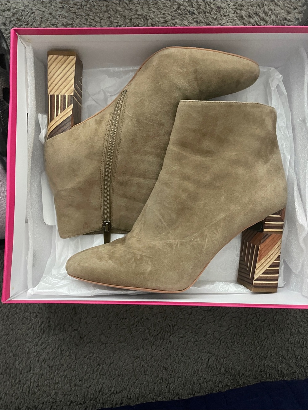 Vince Camuto Taupe Suede Pointed Toe Ankle Booties with Patterned Block Heel